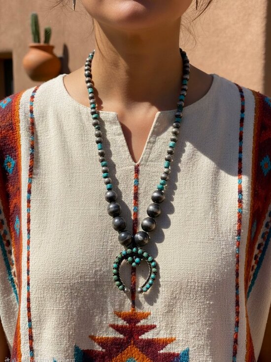 Native American Jewelry - Vintage 1940's Fox Turquoise Naja on Handmade Beads